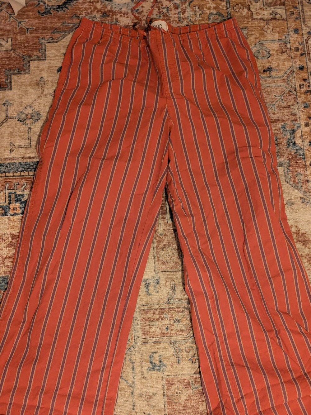 BDG Red Wide-Leg Pants with Navy & White Pinstripes